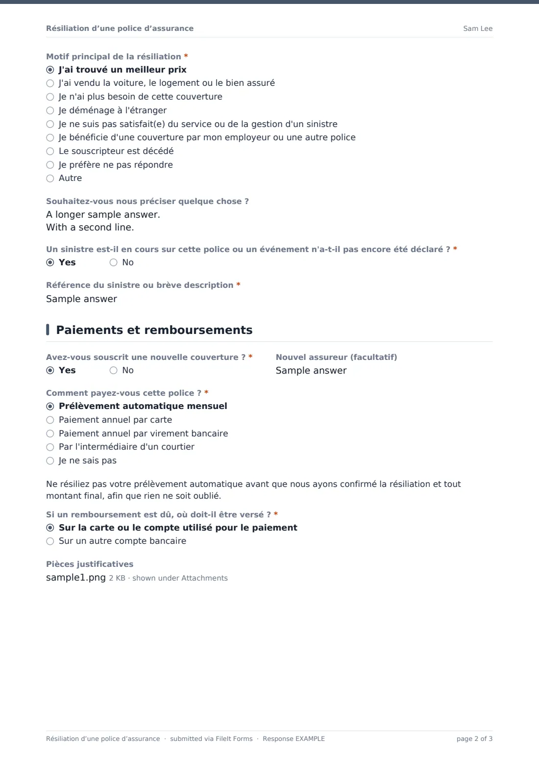 Résiliation d’une police d’assurance — exemple de réponse au format PDF, page 2 sur 3