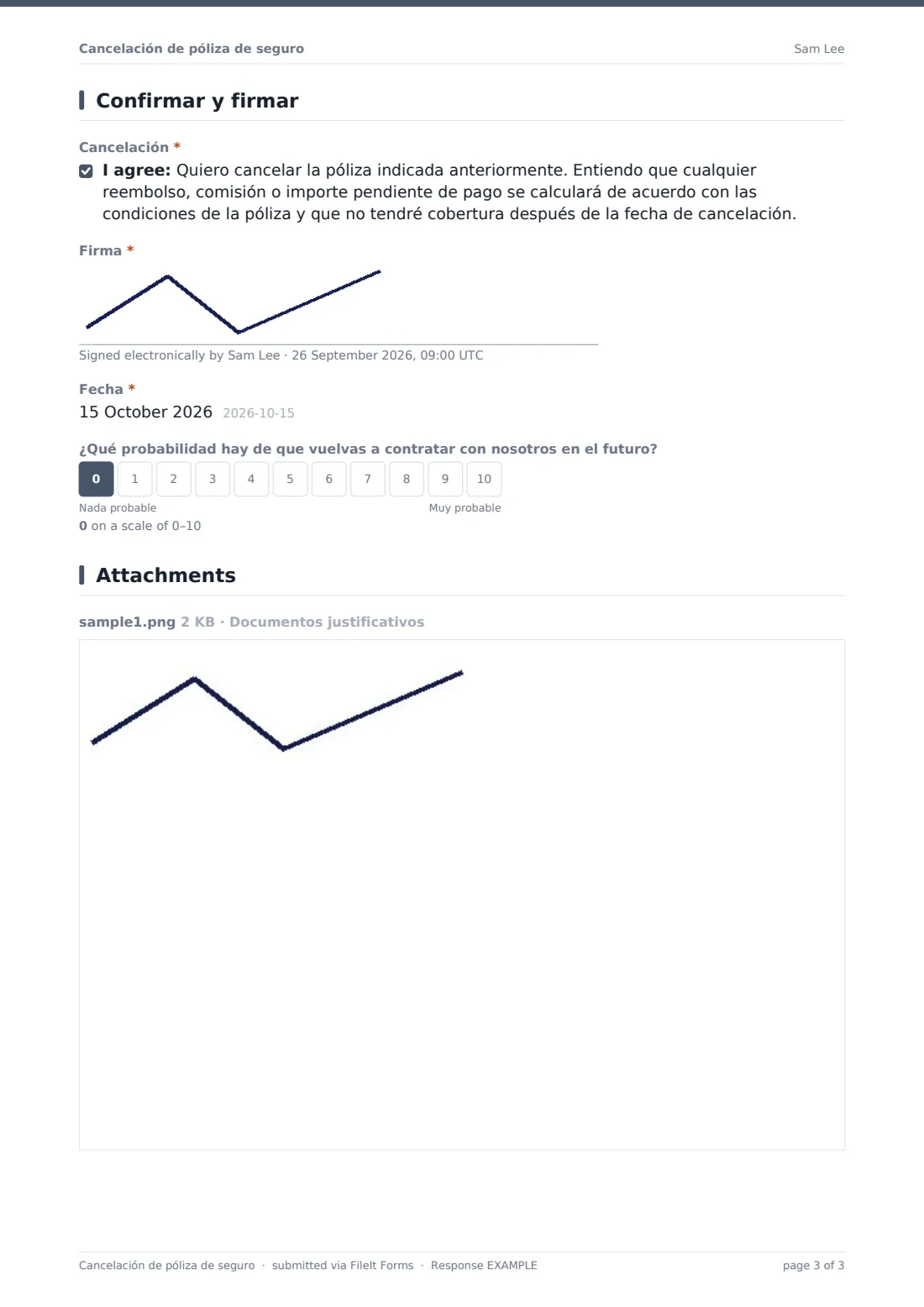 Cancelación de póliza de seguro — PDF de respuesta de ejemplo, página 3 de 3