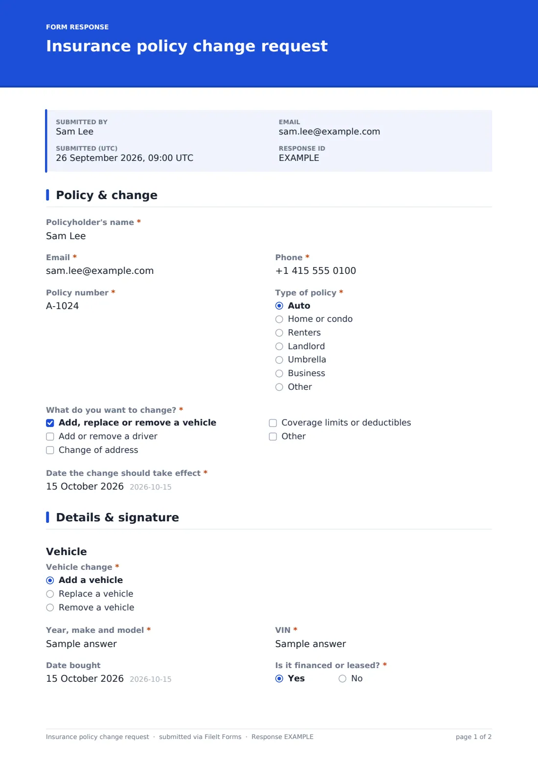 Insurance policy change request — example response PDF, page 1 of 2