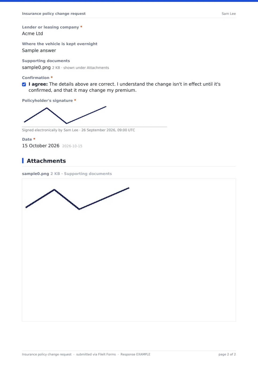 Insurance policy change request — example response PDF, page 2 of 2