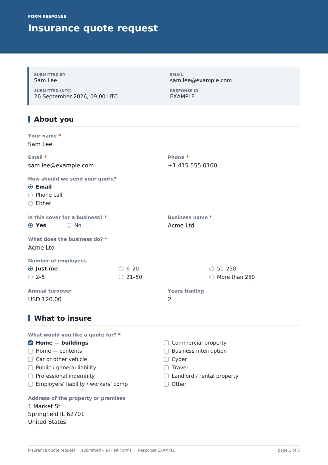 Insurance quote request — example response PDF, page 1 of 3