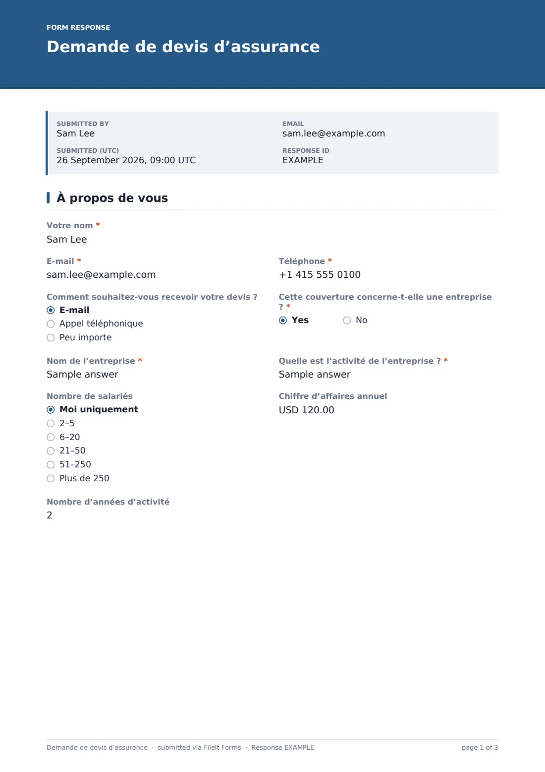 Demande de devis d’assurance — exemple de réponse au format PDF, page 1 sur 3