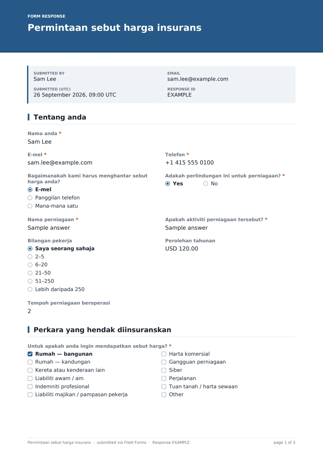 Permintaan sebut harga insurans — PDF respons contoh, halaman 1 daripada 3