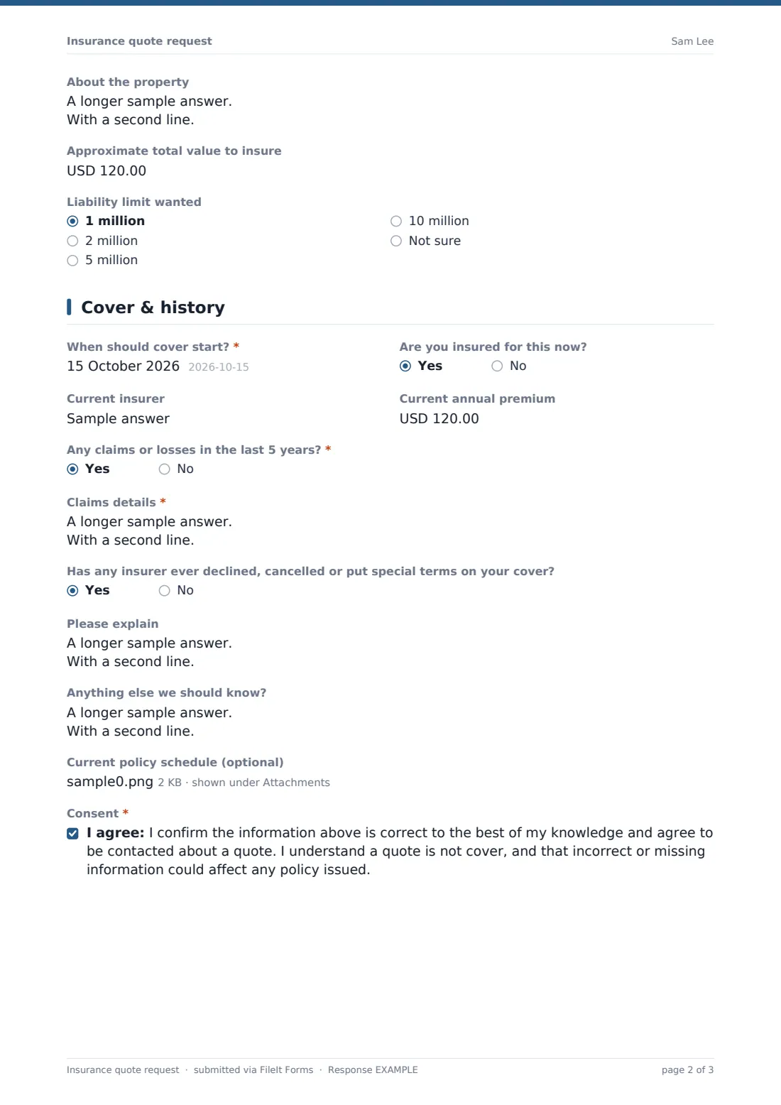 Insurance quote request — example response PDF, page 2 of 3