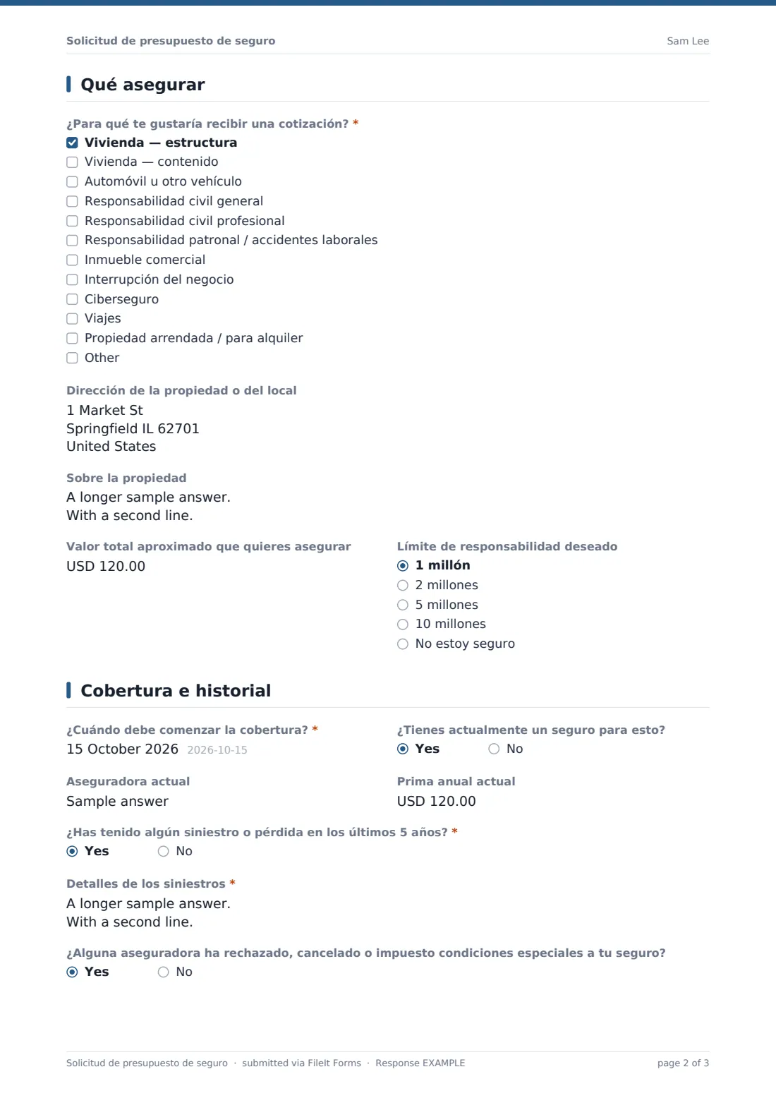 Solicitud de presupuesto de seguro — PDF de respuesta de ejemplo, página 2 de 3
