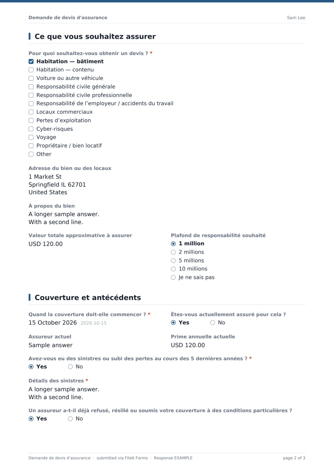 Demande de devis d’assurance — exemple de réponse au format PDF, page 2 sur 3