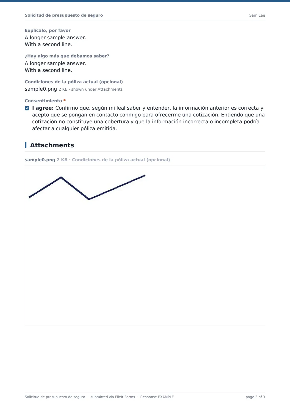 Solicitud de presupuesto de seguro — PDF de respuesta de ejemplo, página 3 de 3