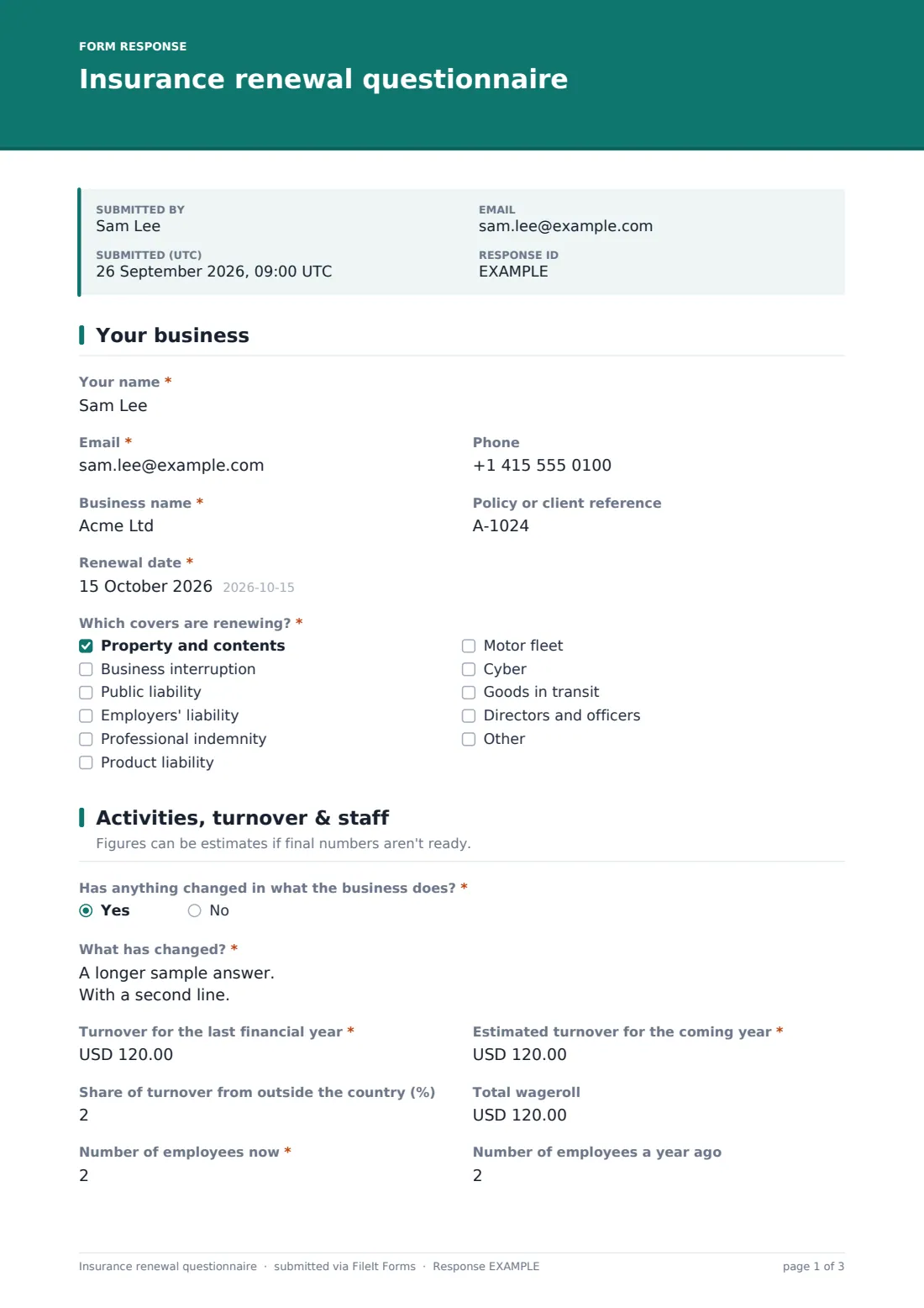 Insurance renewal questionnaire — example response PDF, page 1 of 3