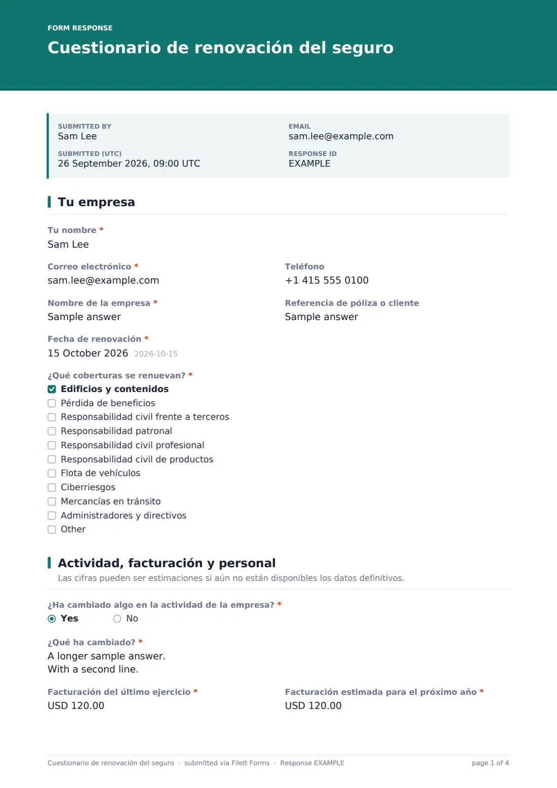 Cuestionario de renovación del seguro — PDF de respuesta de ejemplo, página 1 de 4