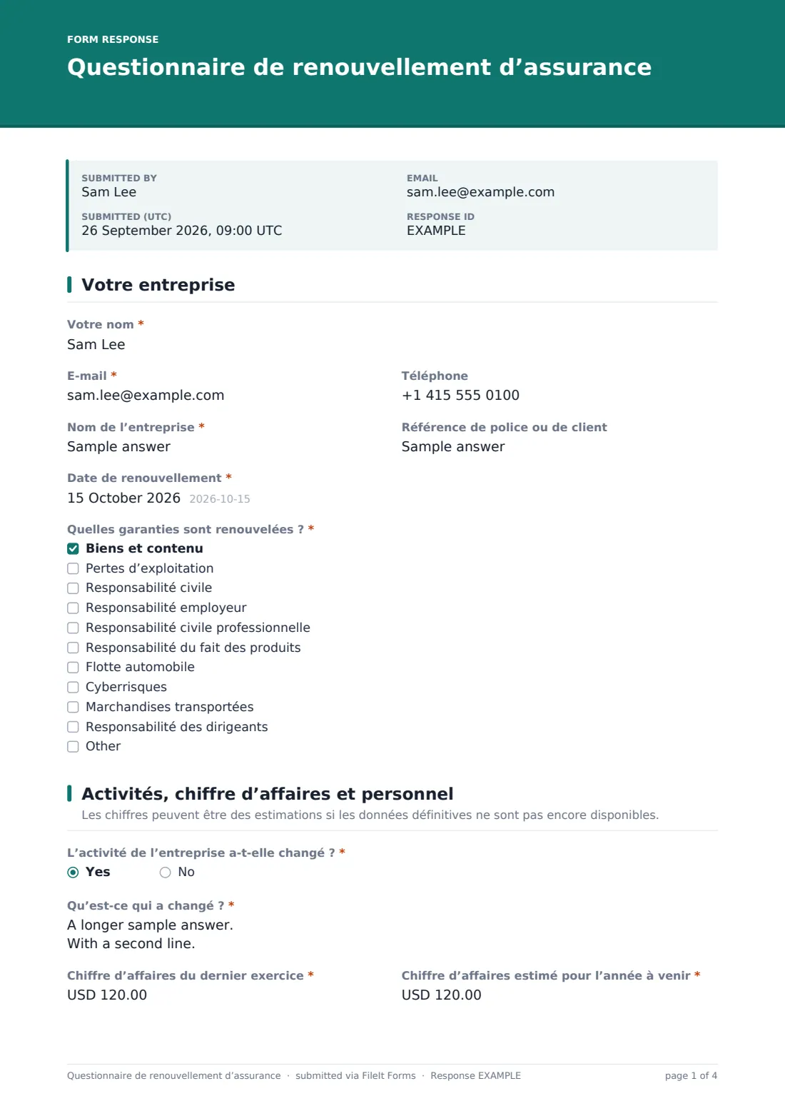 Questionnaire de renouvellement d’assurance — exemple de réponse au format PDF, page 1 sur 4