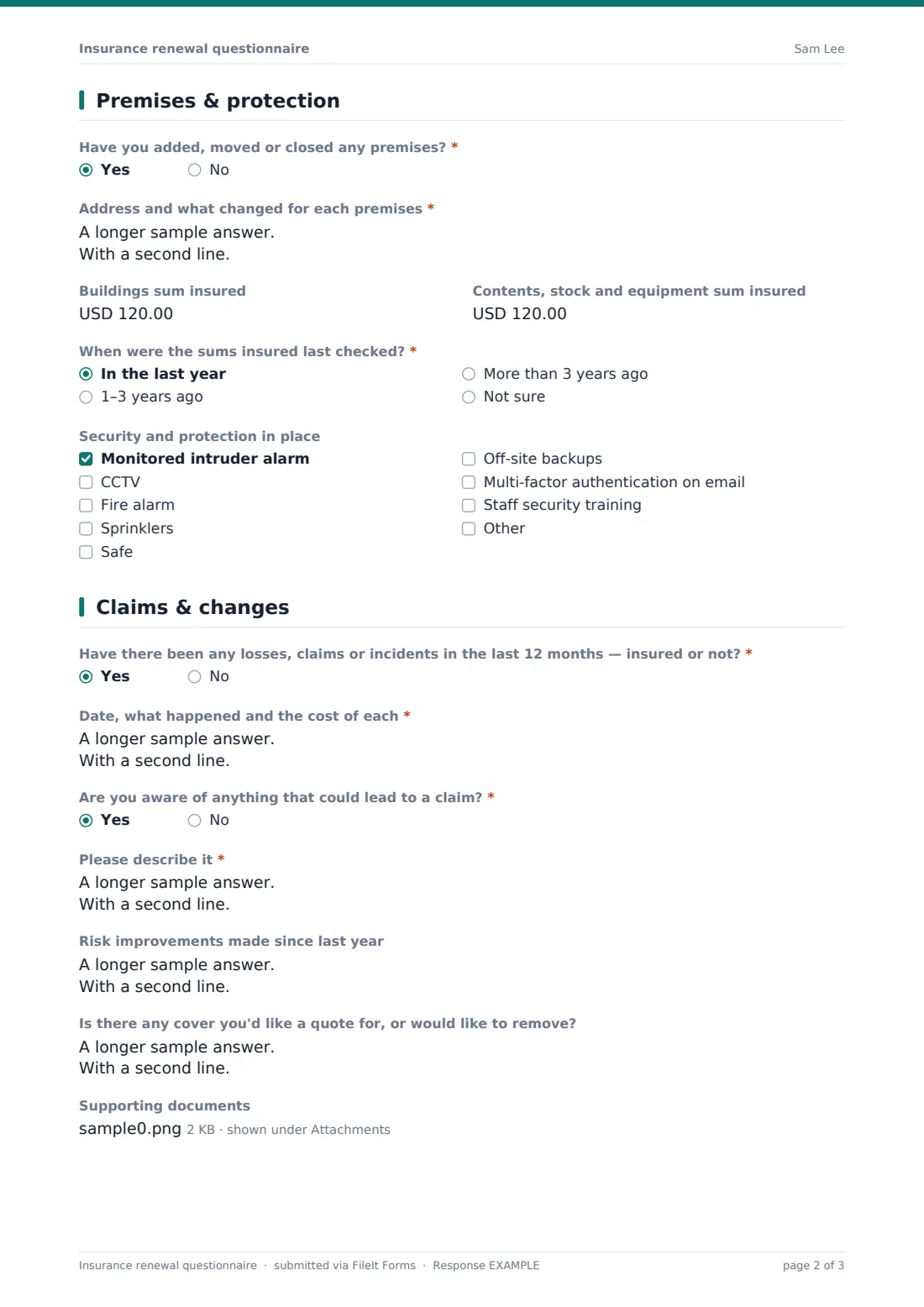 Insurance renewal questionnaire — example response PDF, page 2 of 3