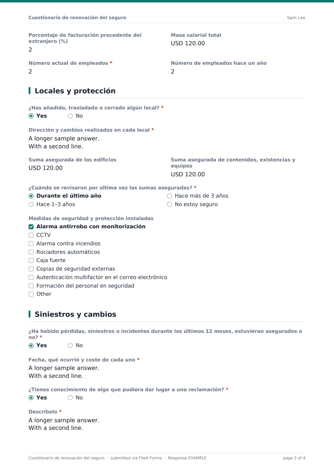 Cuestionario de renovación del seguro — PDF de respuesta de ejemplo, página 2 de 4