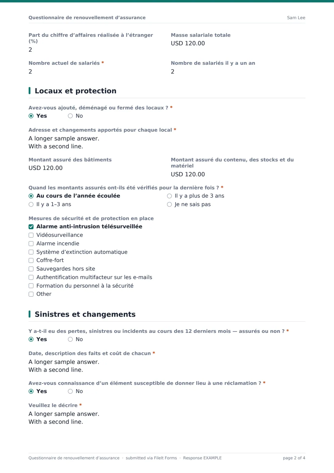 Questionnaire de renouvellement d’assurance — exemple de réponse au format PDF, page 2 sur 4