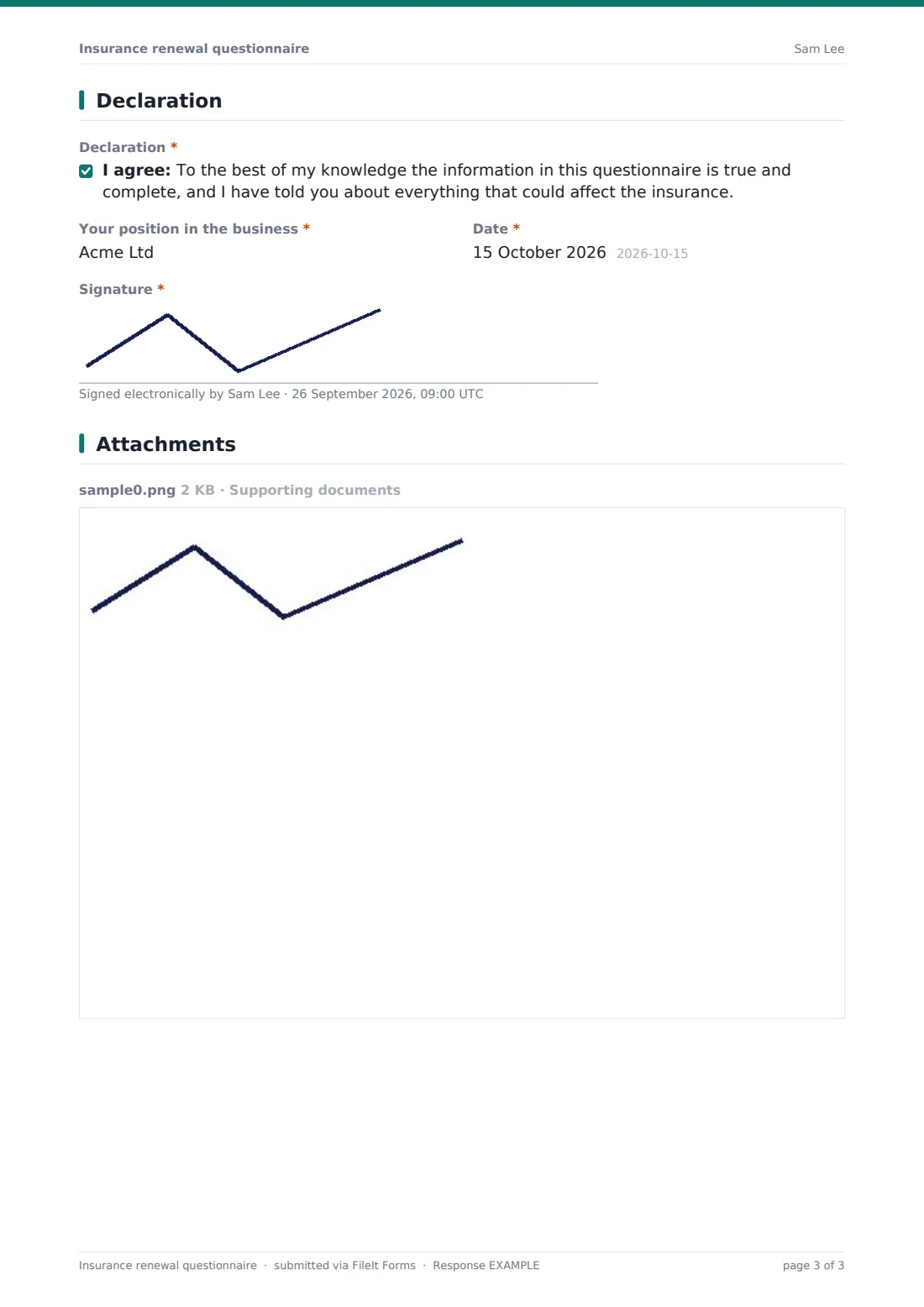 Insurance renewal questionnaire — example response PDF, page 3 of 3