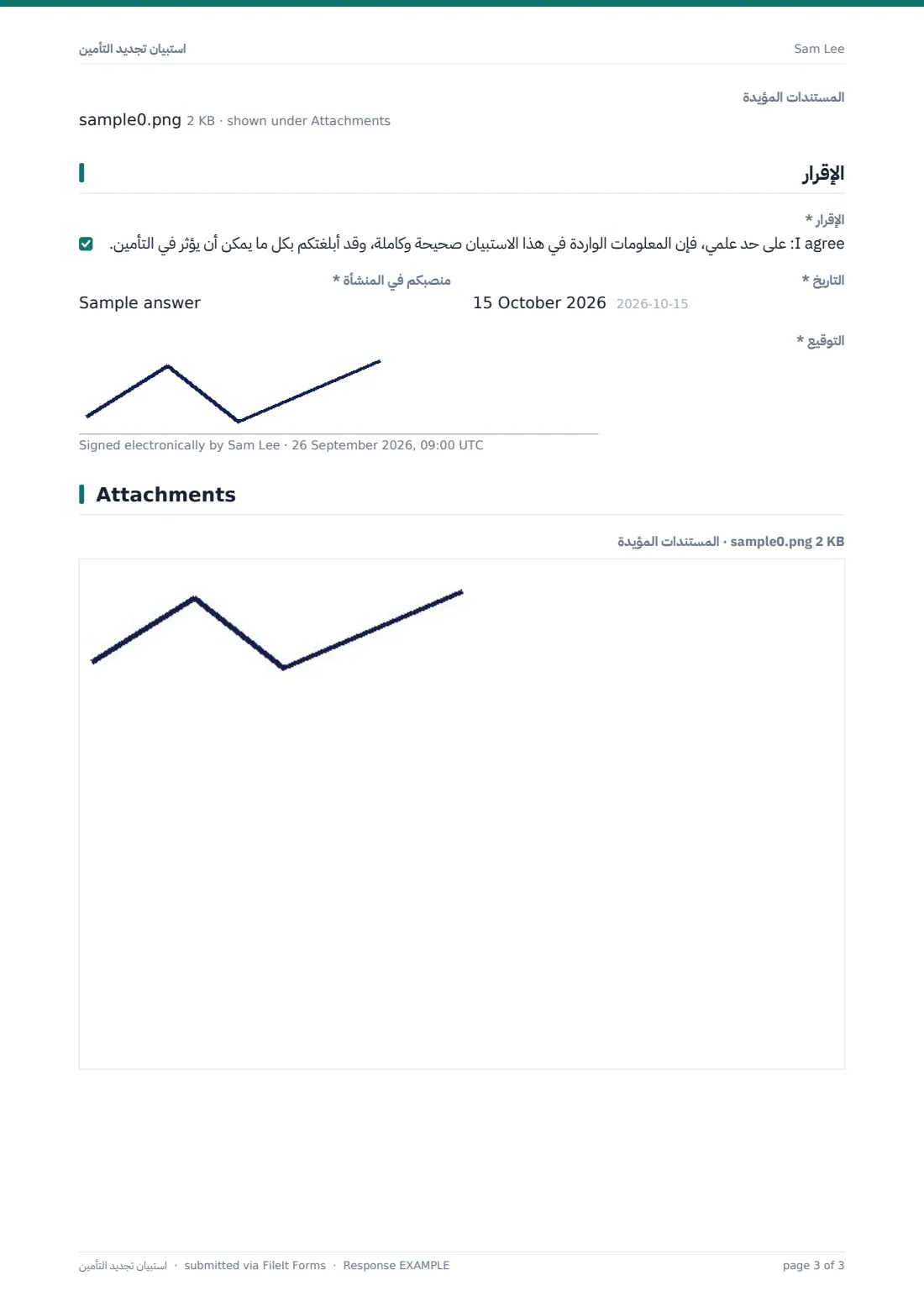 استبيان تجديد التأمين — ملف PDF لرد نموذجي، الصفحة 3 من 3