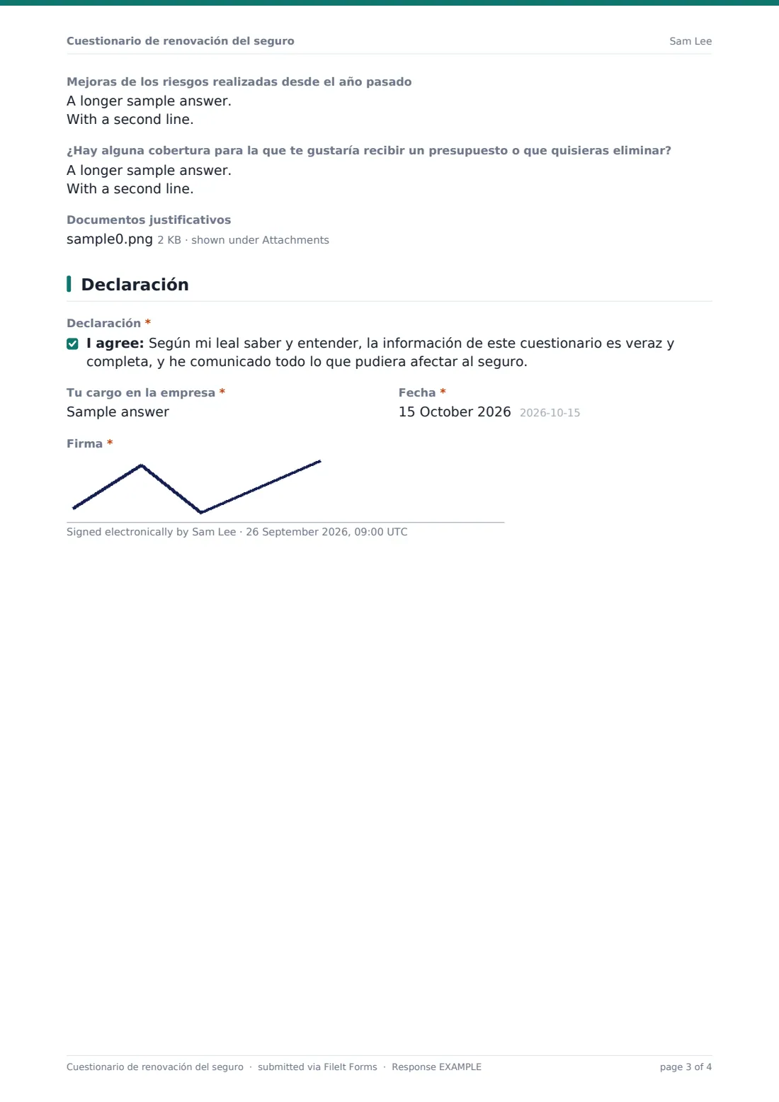 Cuestionario de renovación del seguro — PDF de respuesta de ejemplo, página 3 de 4