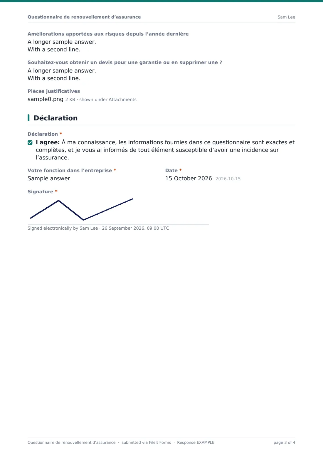 Questionnaire de renouvellement d’assurance — exemple de réponse au format PDF, page 3 sur 4