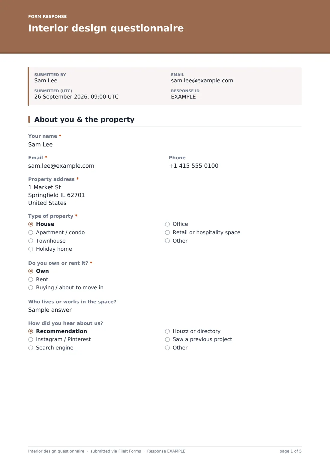 Interior design questionnaire — example response PDF, page 1 of 5