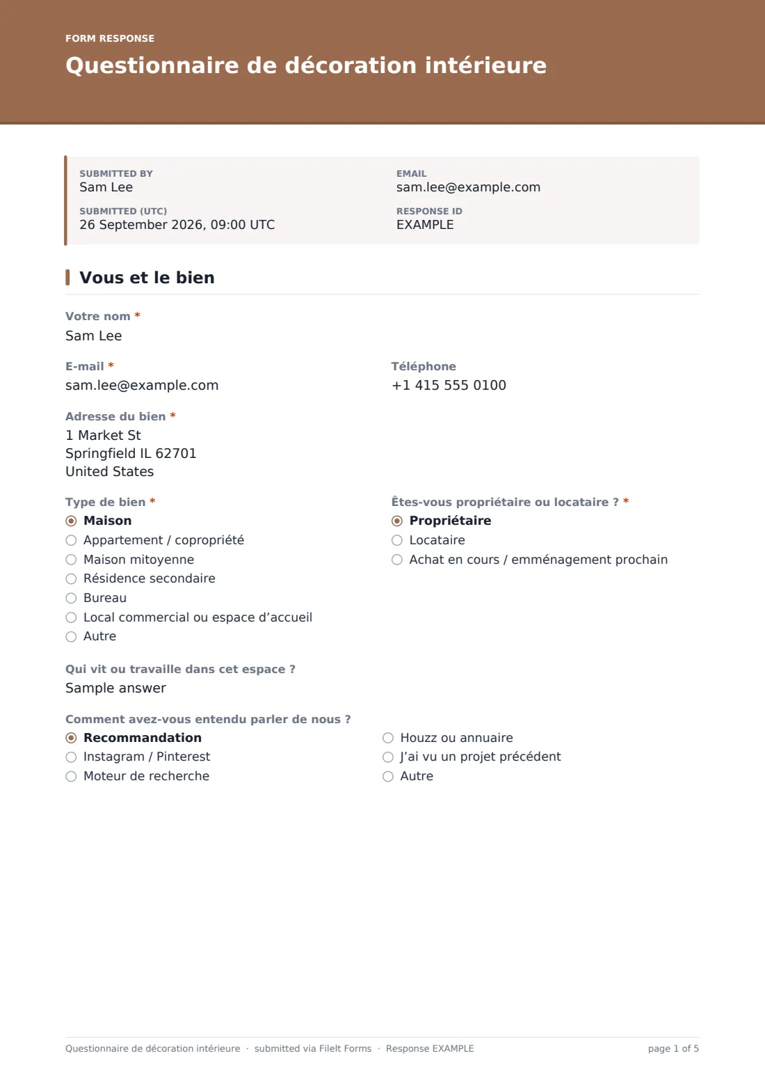 Questionnaire de décoration intérieure — exemple de réponse au format PDF, page 1 sur 5
