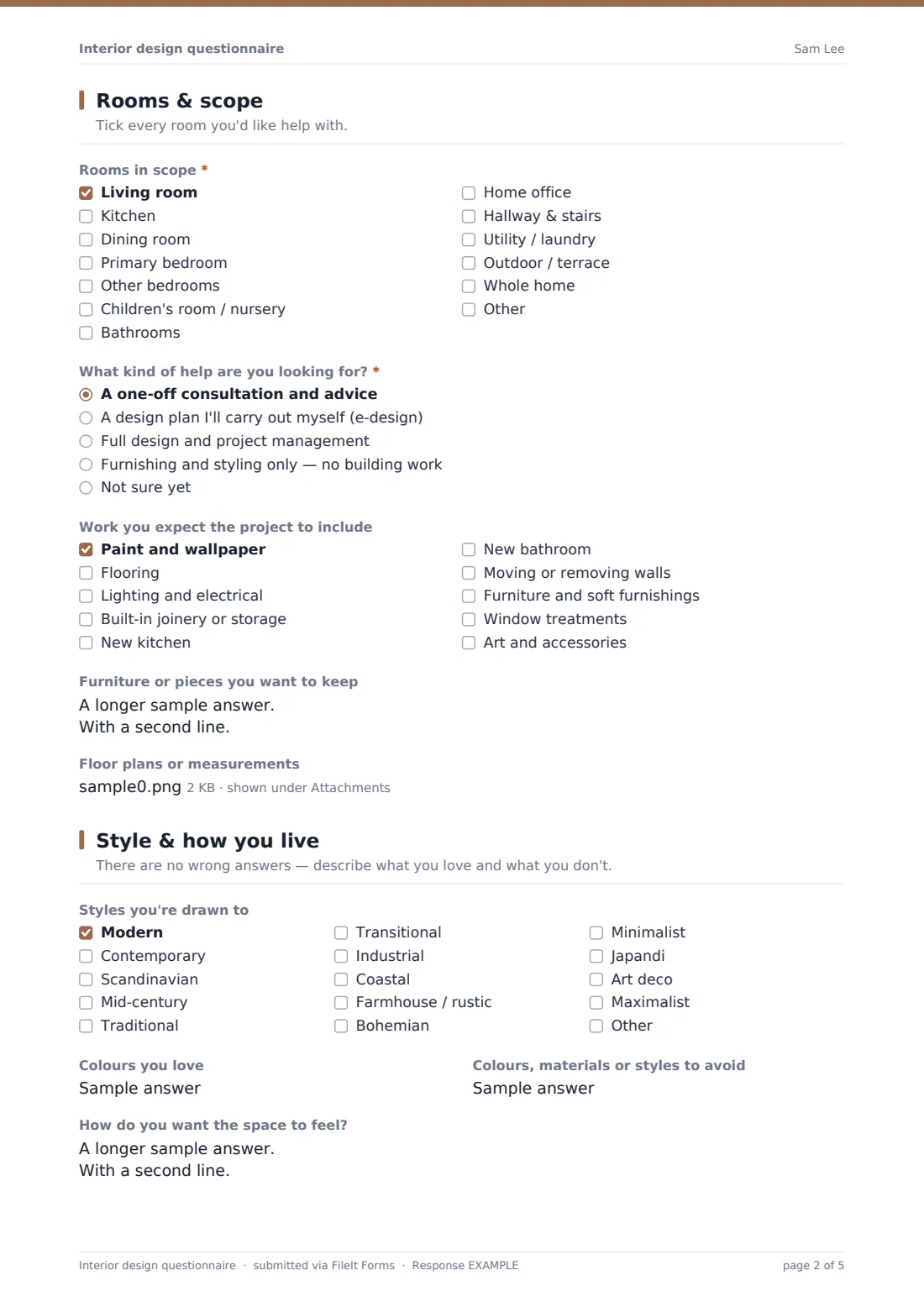 Interior design questionnaire — example response PDF, page 2 of 5