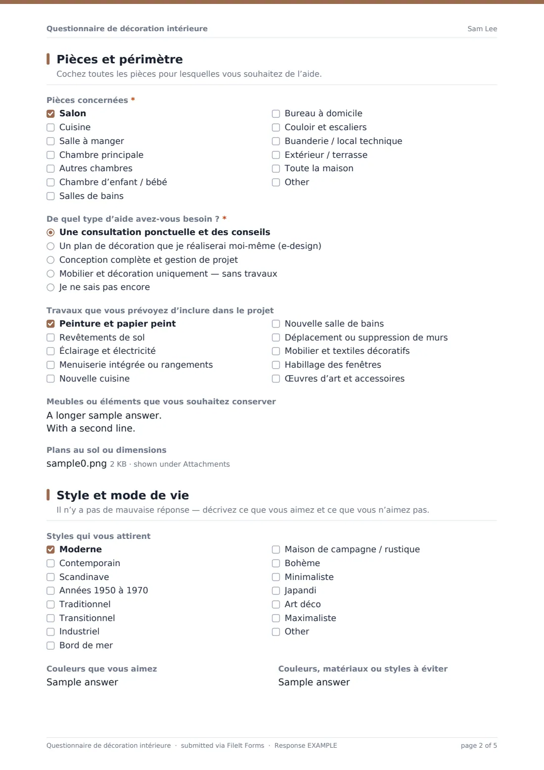Questionnaire de décoration intérieure — exemple de réponse au format PDF, page 2 sur 5