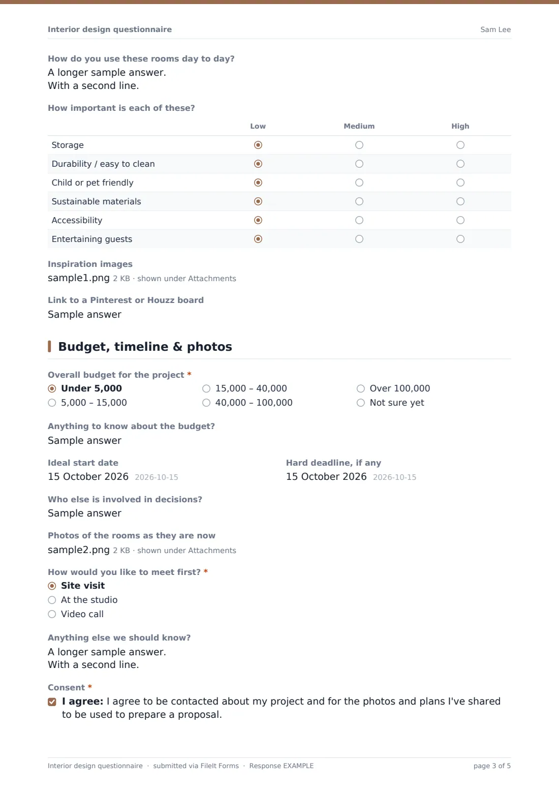 Interior design questionnaire — example response PDF, page 3 of 5