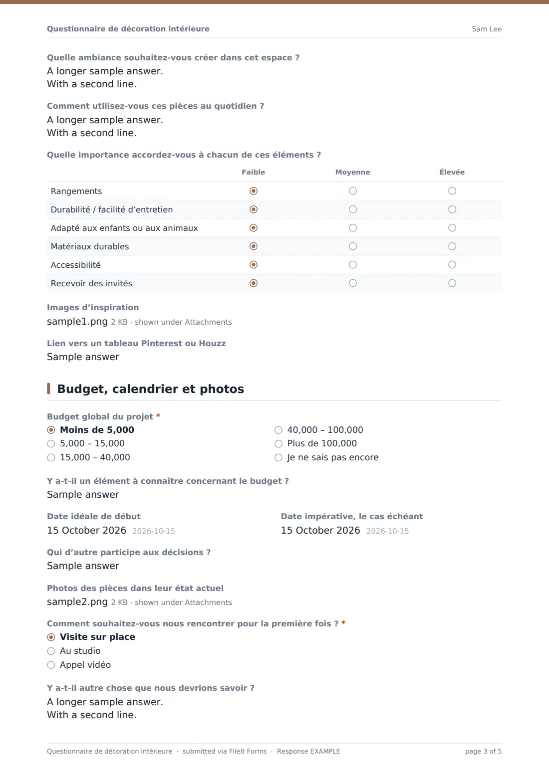 Questionnaire de décoration intérieure — exemple de réponse au format PDF, page 3 sur 5