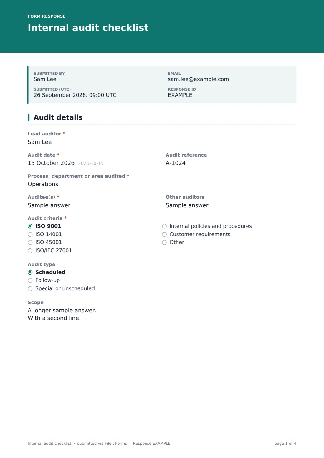 Internal audit checklist — example response PDF, page 1 of 4