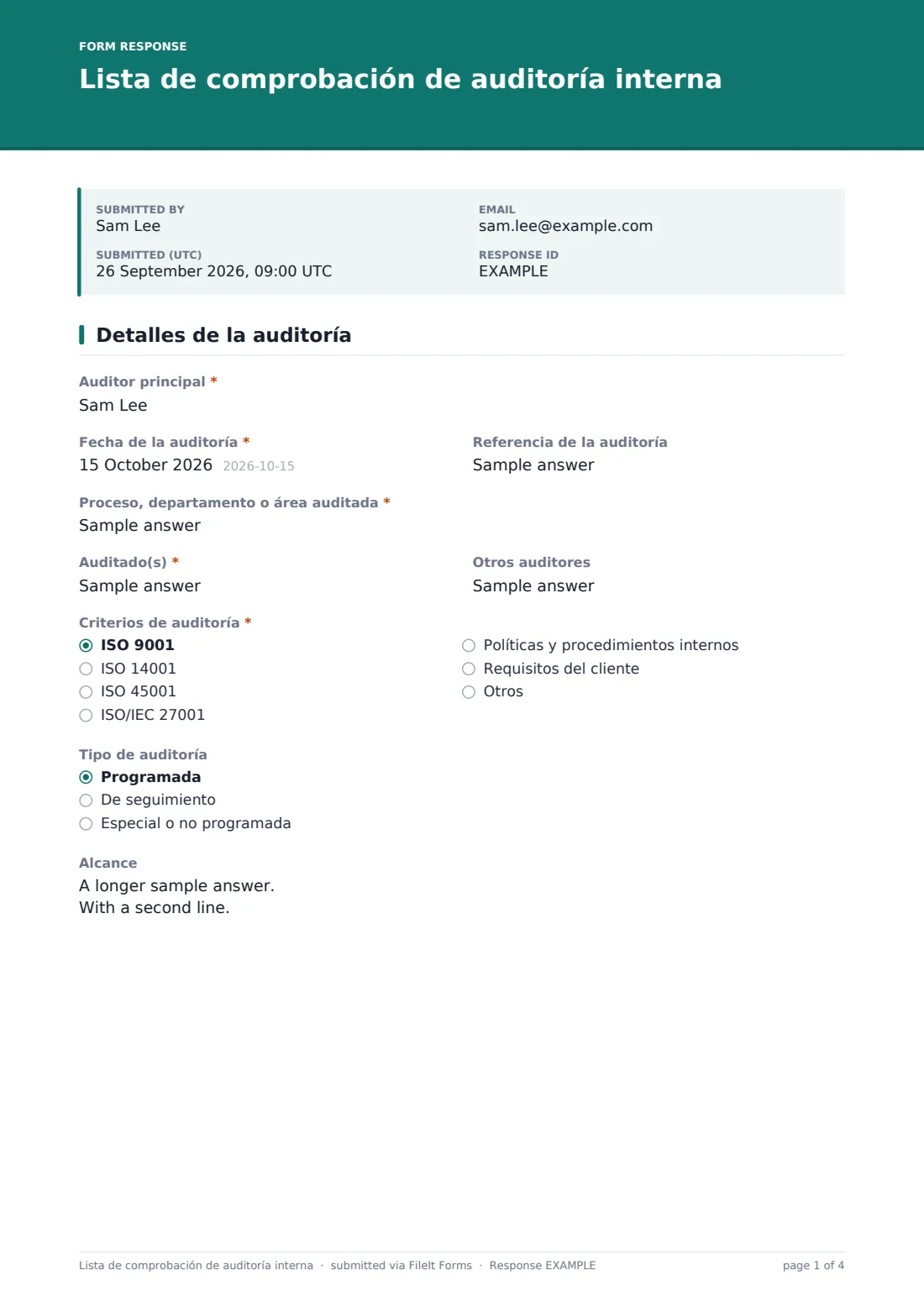 Lista de comprobación de auditoría interna — PDF de respuesta de ejemplo, página 1 de 4