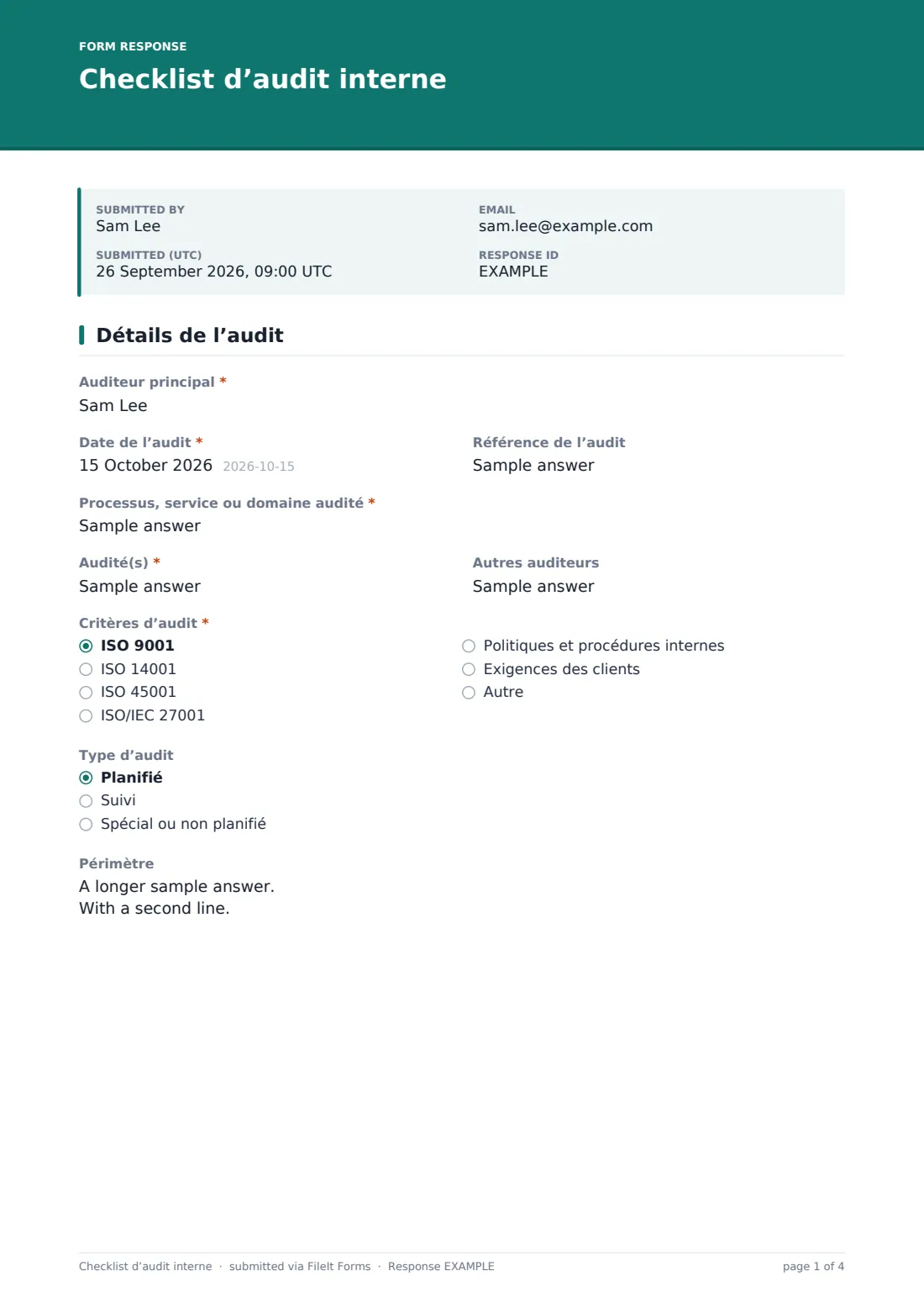 Checklist d’audit interne — exemple de réponse au format PDF, page 1 sur 4