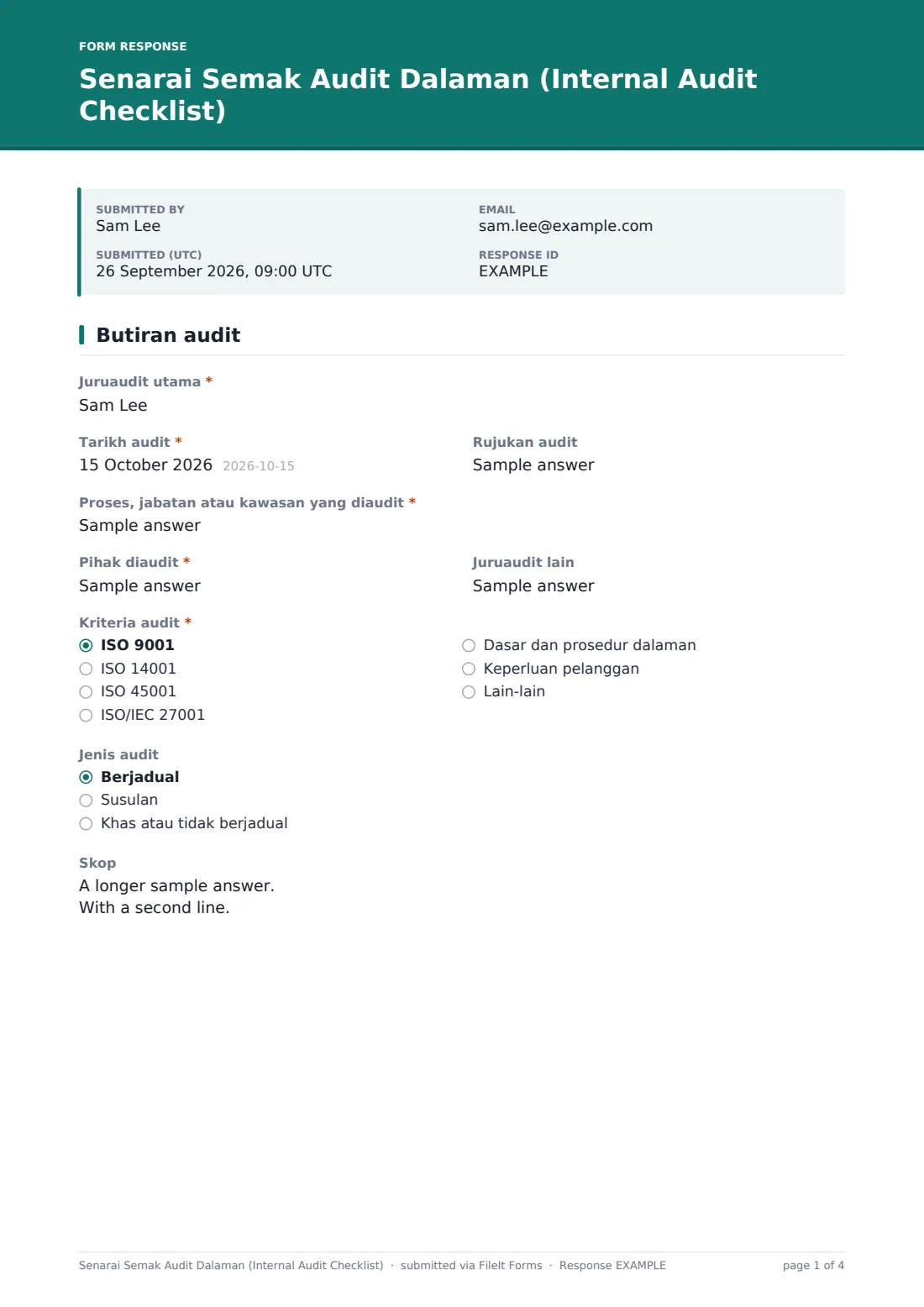 Senarai Semak Audit Dalaman (Internal Audit Checklist) — PDF respons contoh, halaman 1 daripada 4
