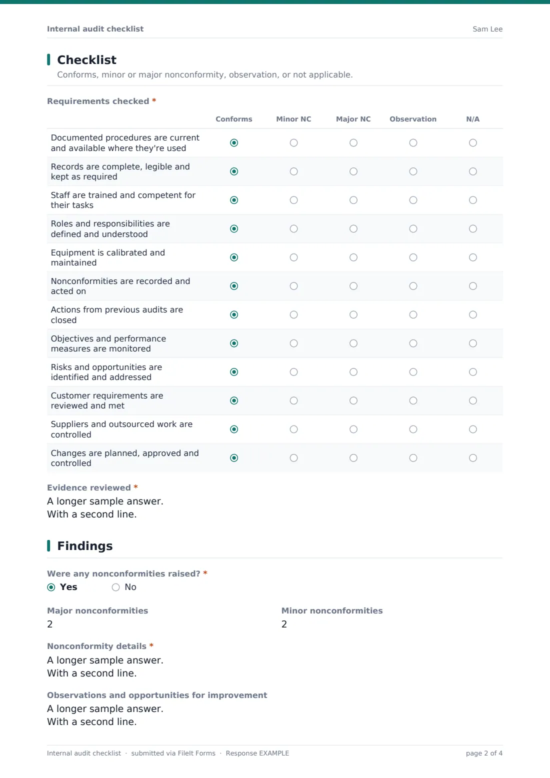 Internal audit checklist — example response PDF, page 2 of 4