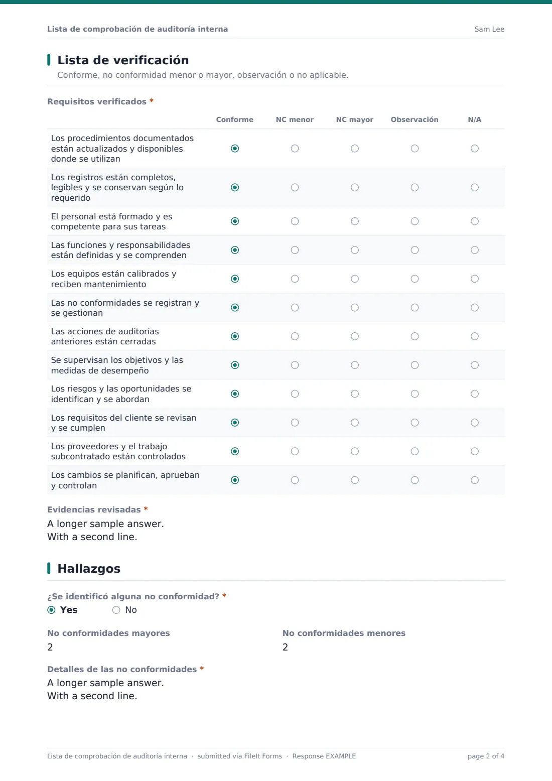 Lista de comprobación de auditoría interna — PDF de respuesta de ejemplo, página 2 de 4