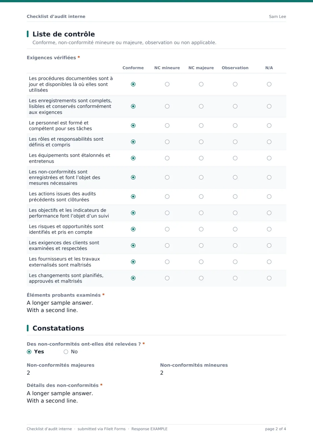Checklist d’audit interne — exemple de réponse au format PDF, page 2 sur 4