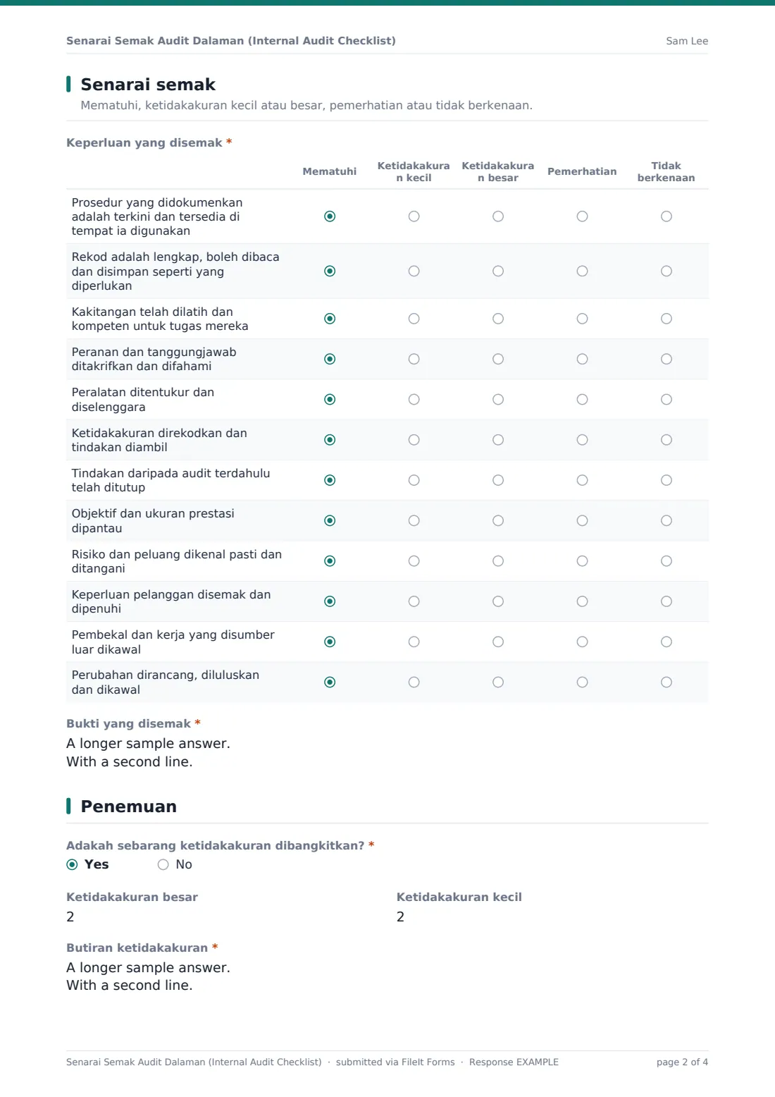 Senarai Semak Audit Dalaman (Internal Audit Checklist) — PDF respons contoh, halaman 2 daripada 4