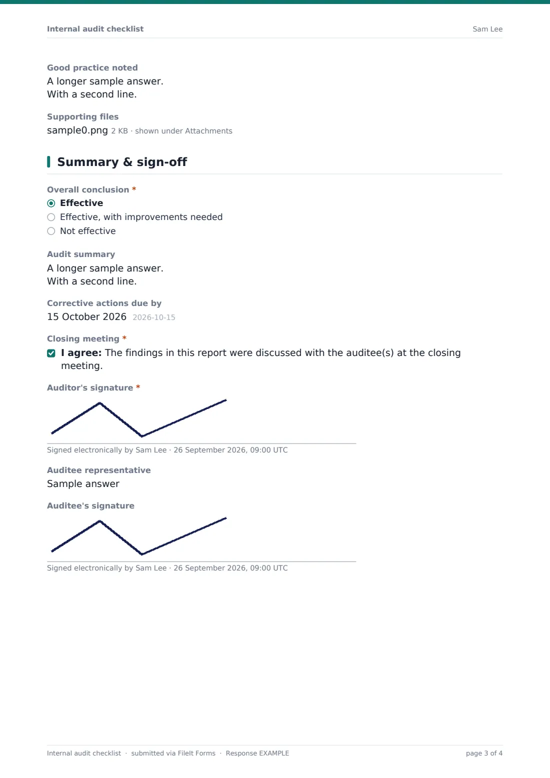 Internal audit checklist — example response PDF, page 3 of 4