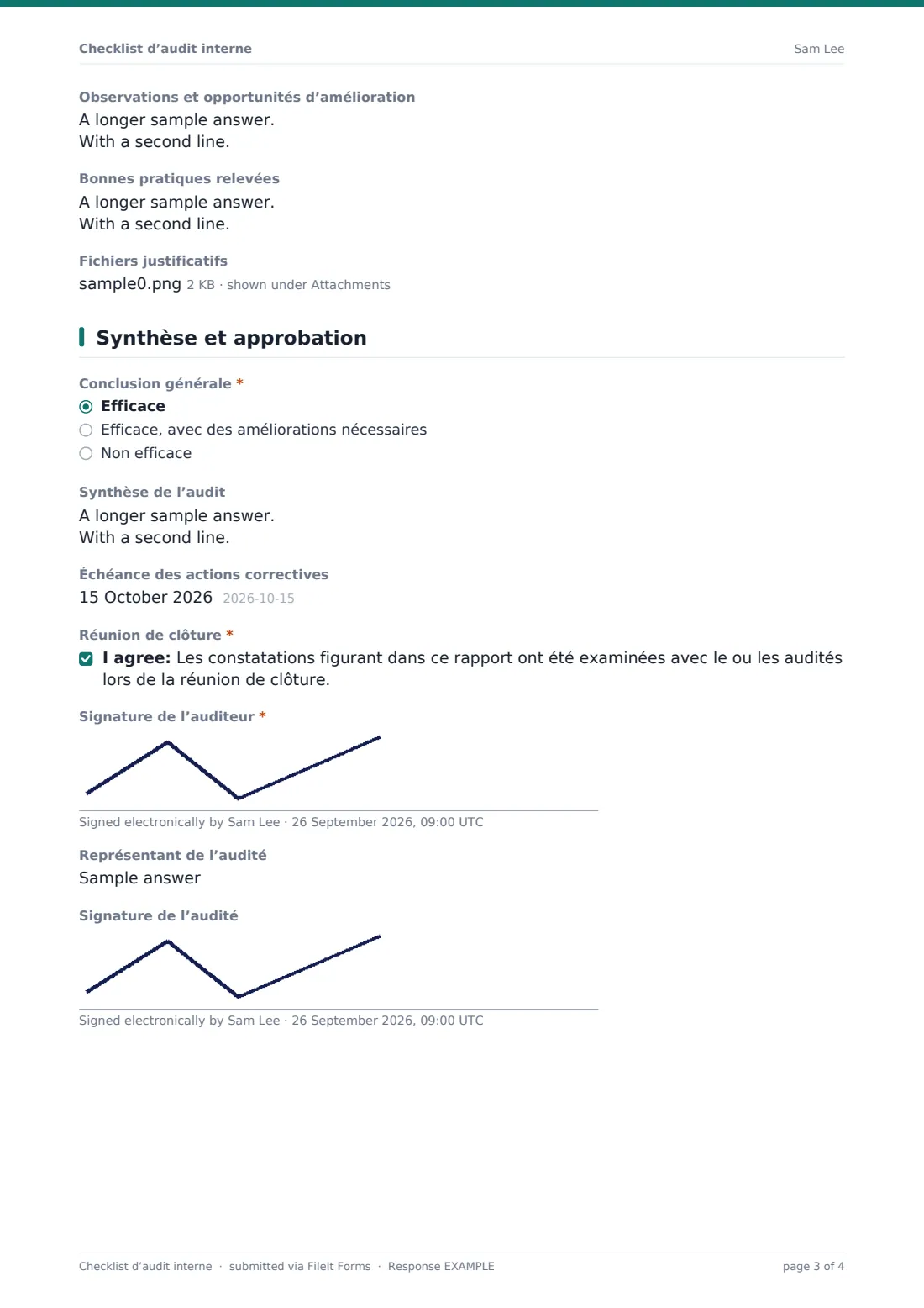 Checklist d’audit interne — exemple de réponse au format PDF, page 3 sur 4