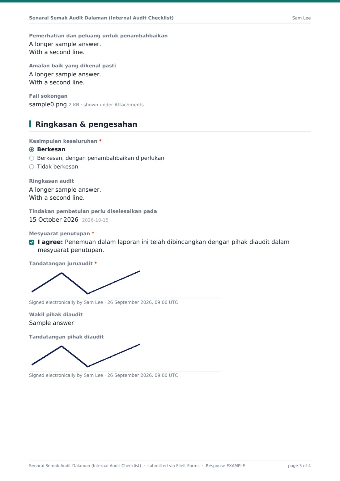 Senarai Semak Audit Dalaman (Internal Audit Checklist) — PDF respons contoh, halaman 3 daripada 4
