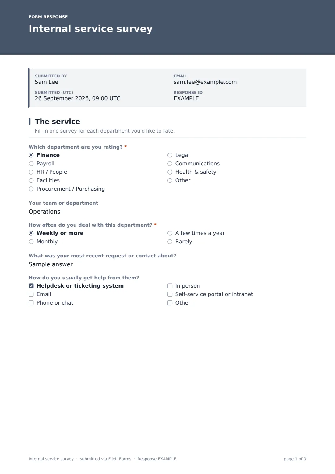 Internal service survey — example response PDF, page 1 of 3