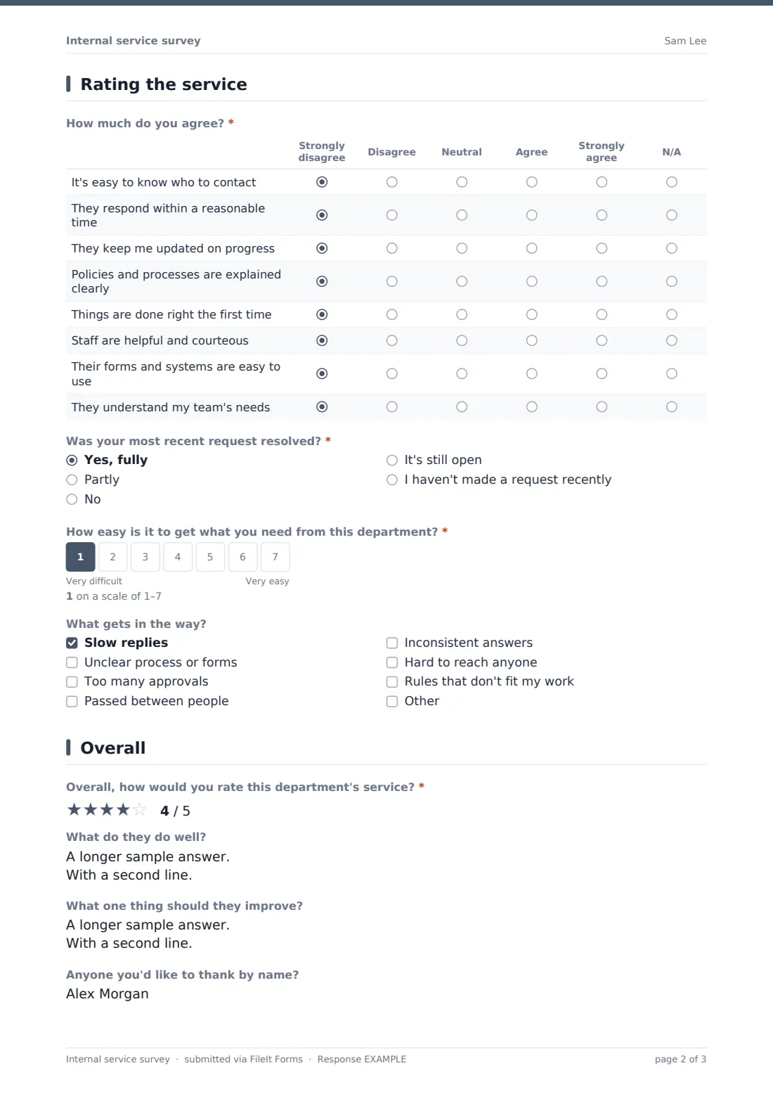 Internal service survey — example response PDF, page 2 of 3
