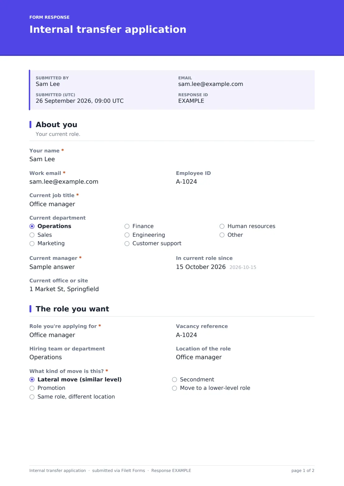 Internal transfer application — example response PDF, page 1 of 2