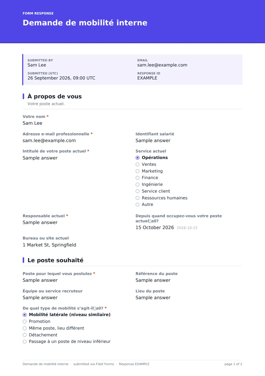 Demande de mobilité interne — exemple de réponse au format PDF, page 1 sur 2