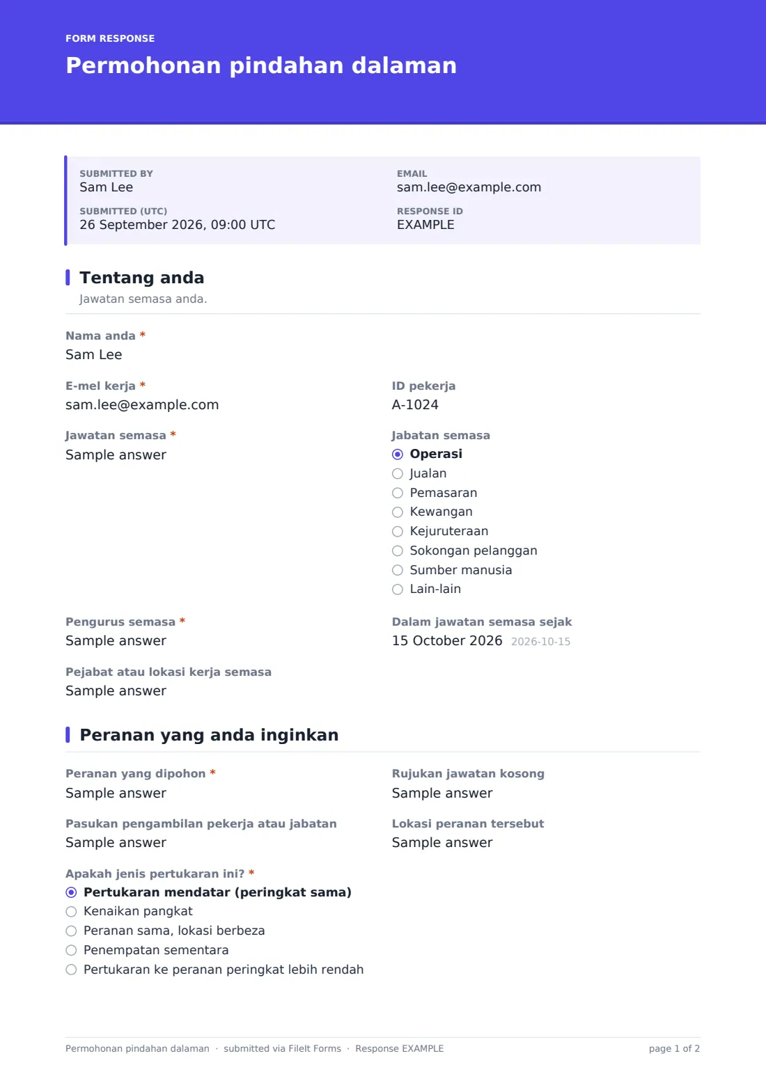 Permohonan pindahan dalaman — PDF respons contoh, halaman 1 daripada 2