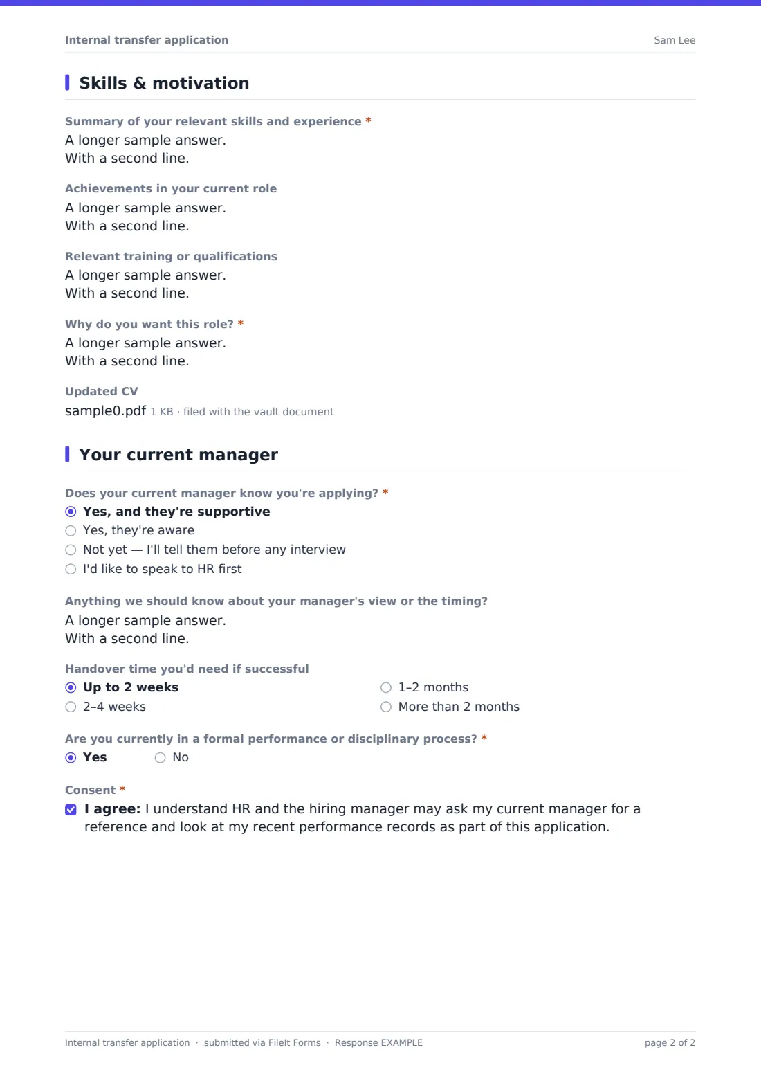 Internal transfer application — example response PDF, page 2 of 2