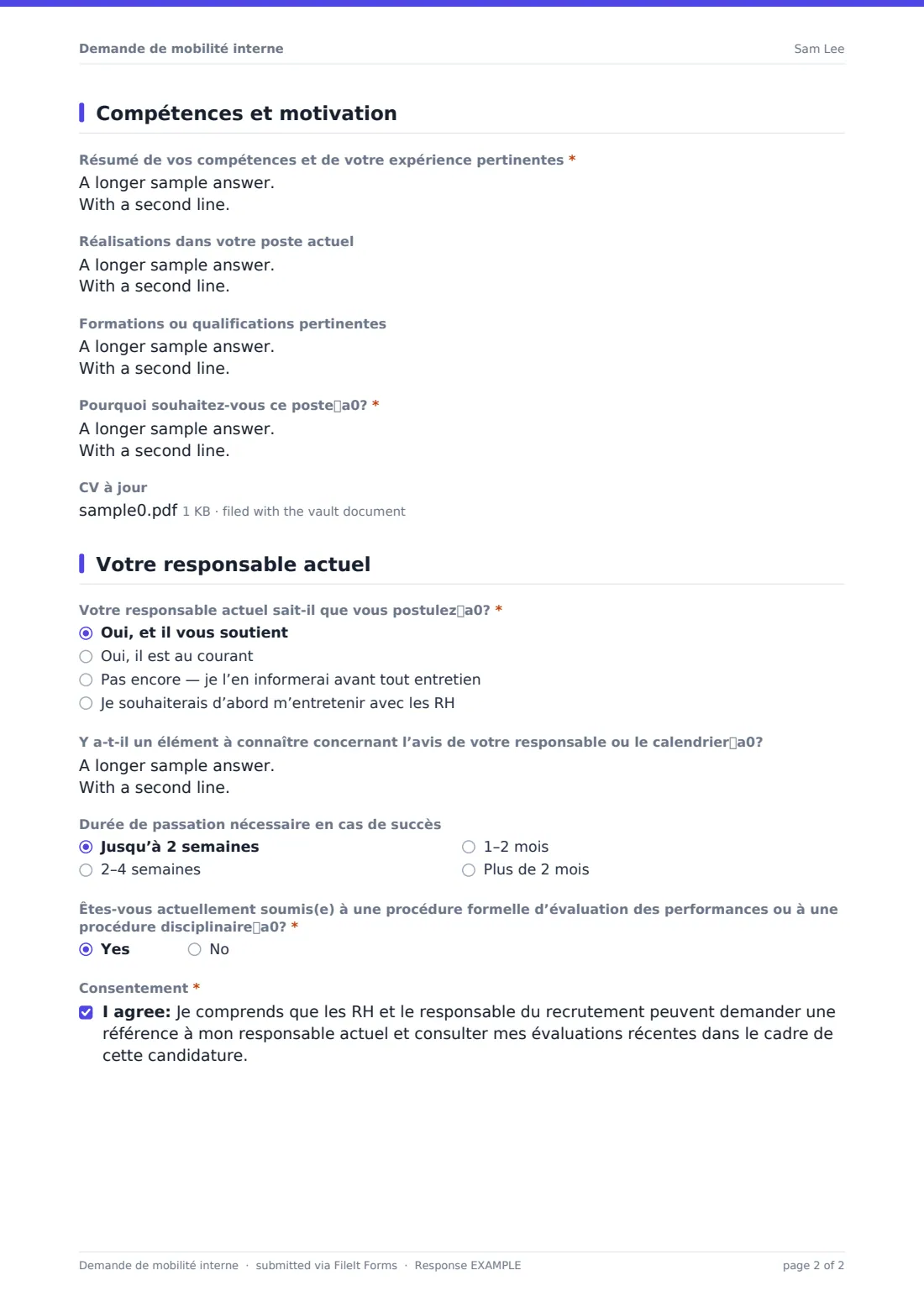Demande de mobilité interne — exemple de réponse au format PDF, page 2 sur 2