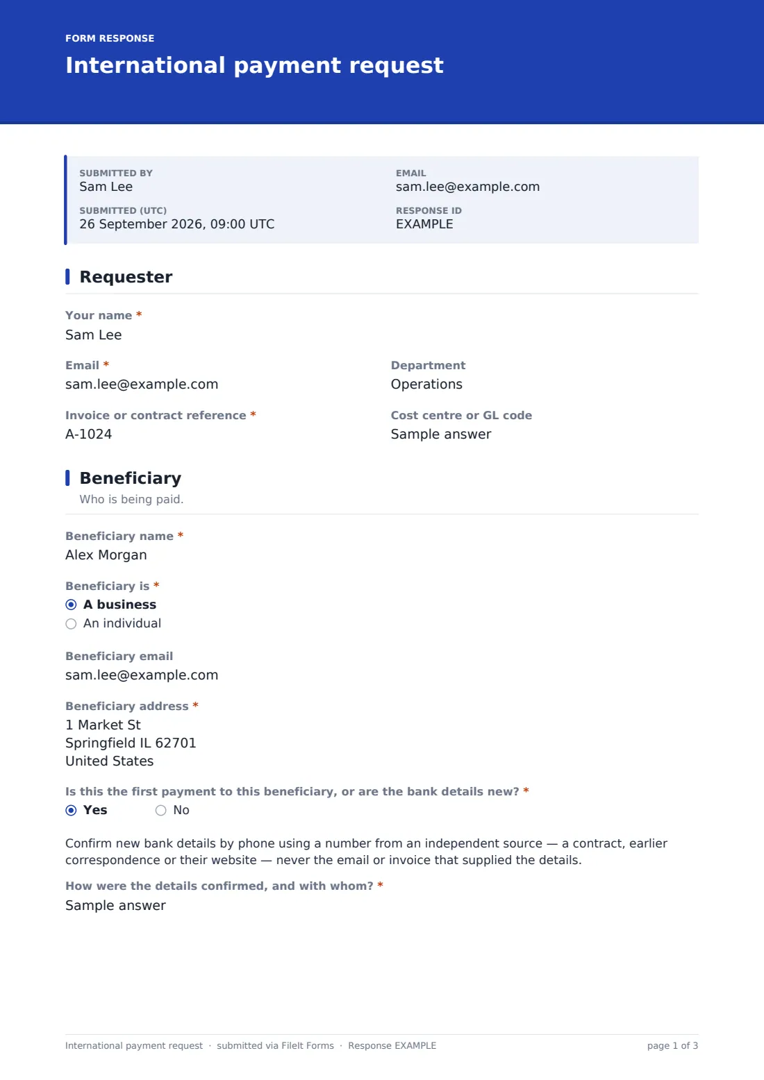International payment request — example response PDF, page 1 of 3
