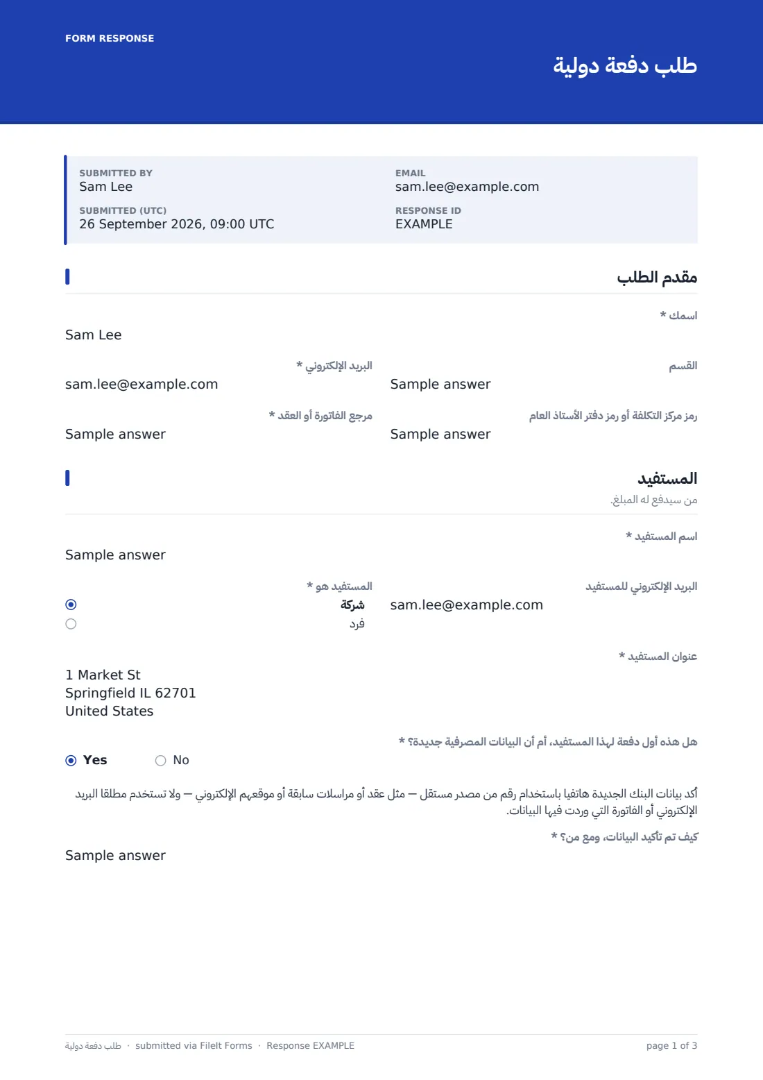 طلب دفعة دولية — ملف PDF لرد نموذجي، الصفحة 1 من 3