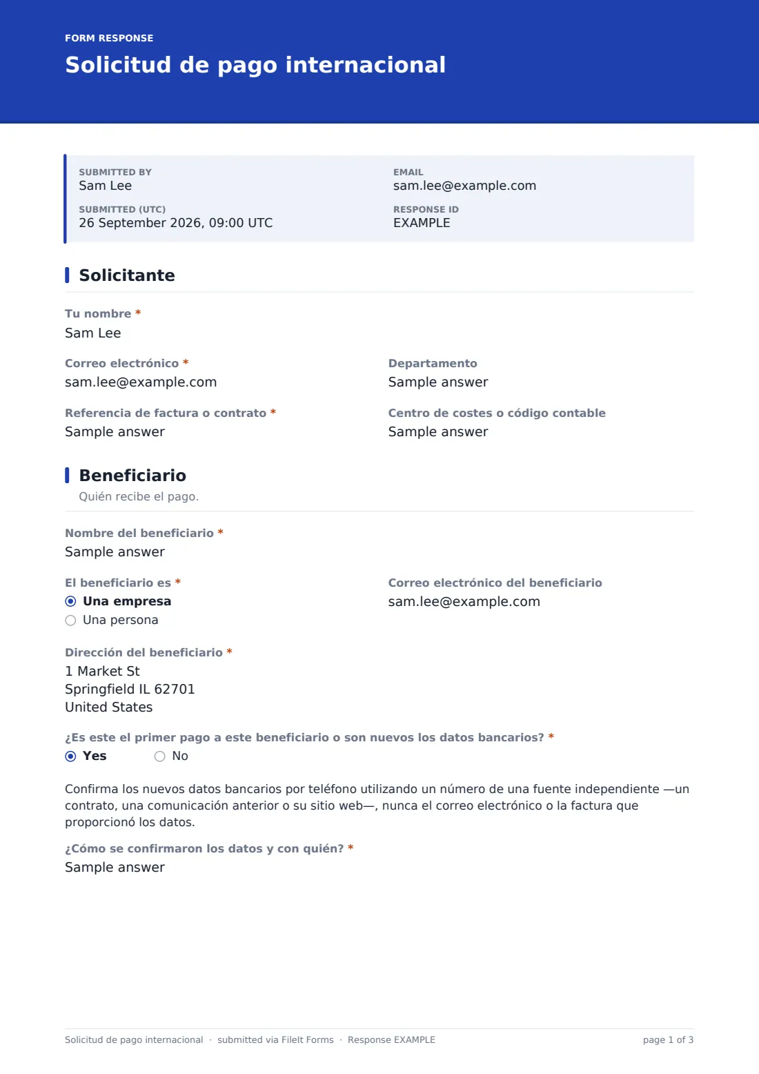 Solicitud de pago internacional — PDF de respuesta de ejemplo, página 1 de 3
