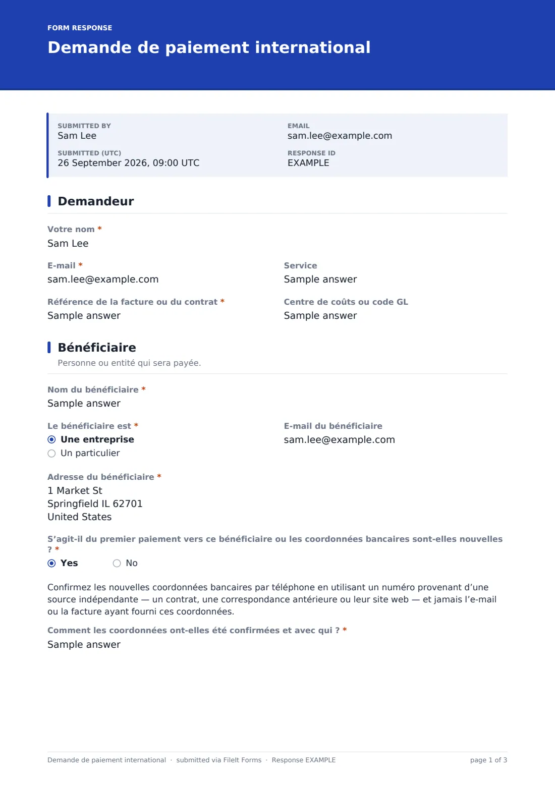 Demande de paiement international — exemple de réponse au format PDF, page 1 sur 3