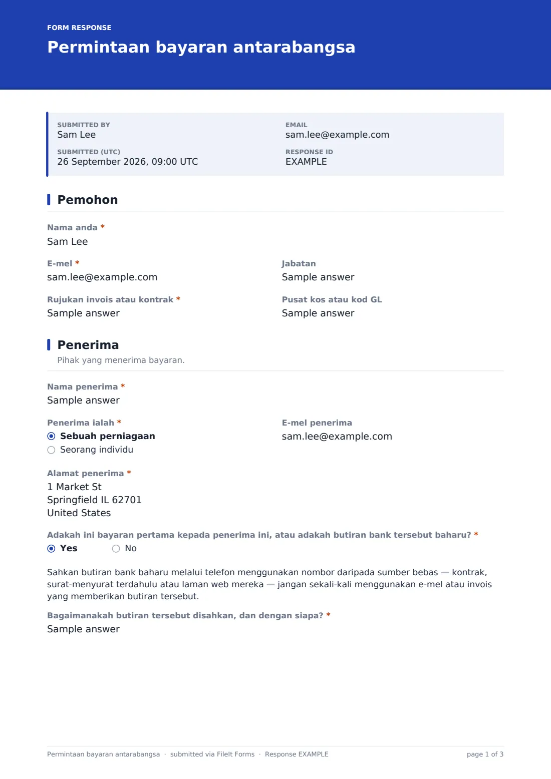 Permintaan bayaran antarabangsa — PDF respons contoh, halaman 1 daripada 3